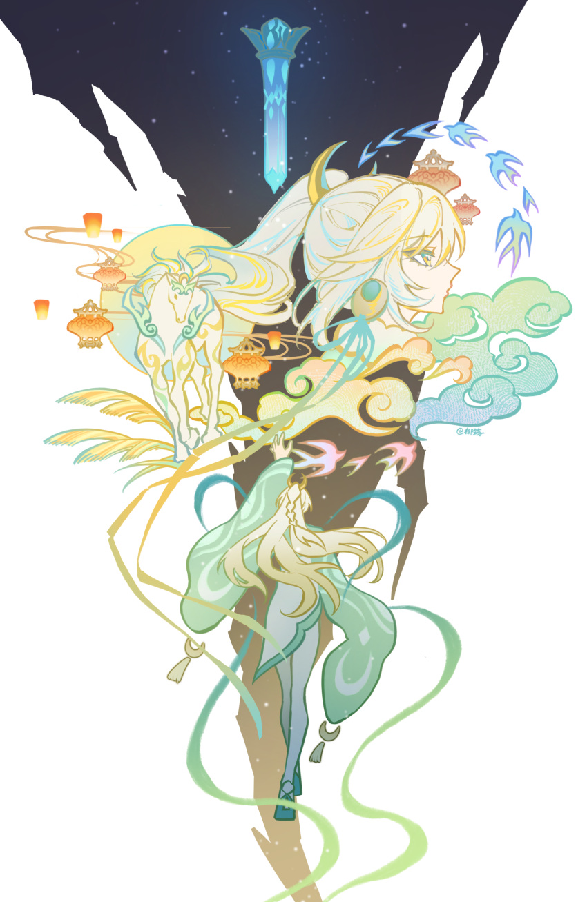1girl, absurdres, bird, blonde_hair, chinese_commentary, clouds, commentary_request, earrings, genshin_impact, highres, jewelry, lantern, liuyun_(liuyun73492), long_hair, paper_lantern, ponytail, solo, star_(sky), swallow_(bird), white_background, white_hair, zibai_(genshin_impact)