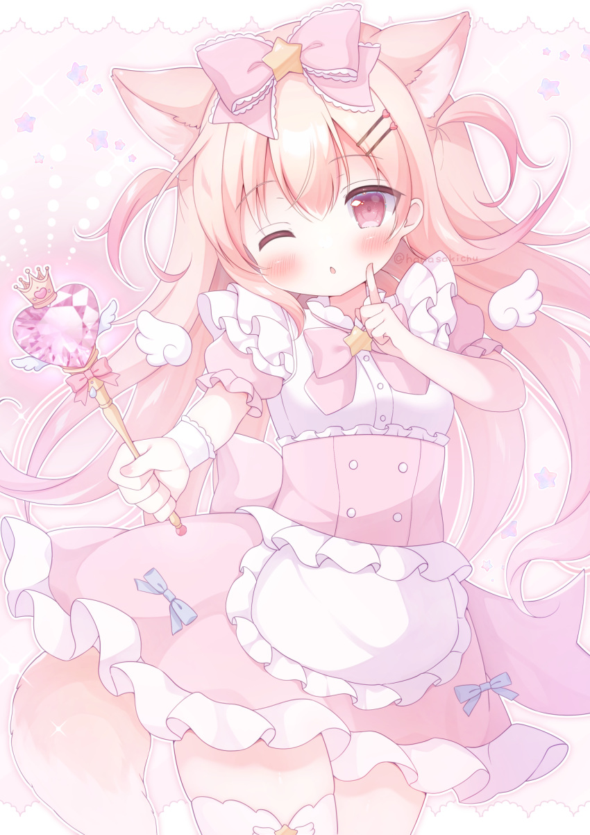 1girl, ;o, animal_ears, apron, blonde_hair, blush, bow, bowtie