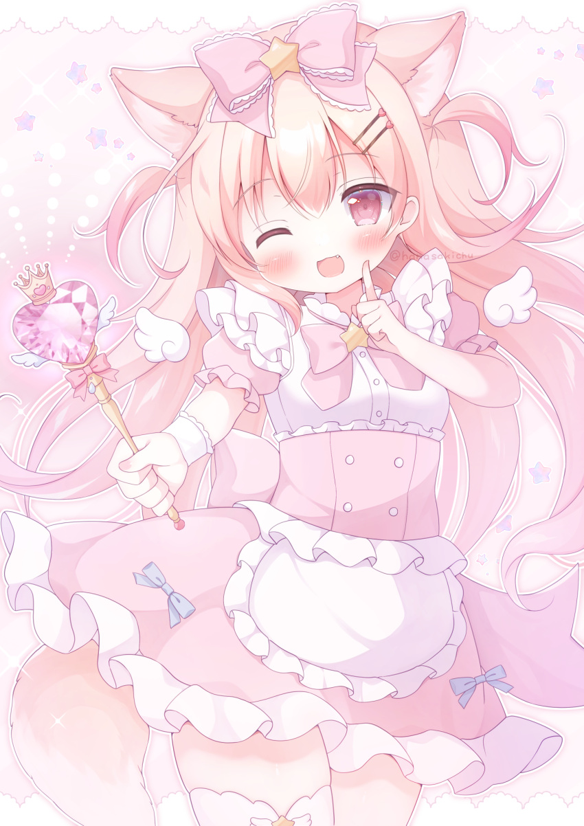 1girl, ;3, ;d, animal_ears, apron, blonde_hair, blush, bow