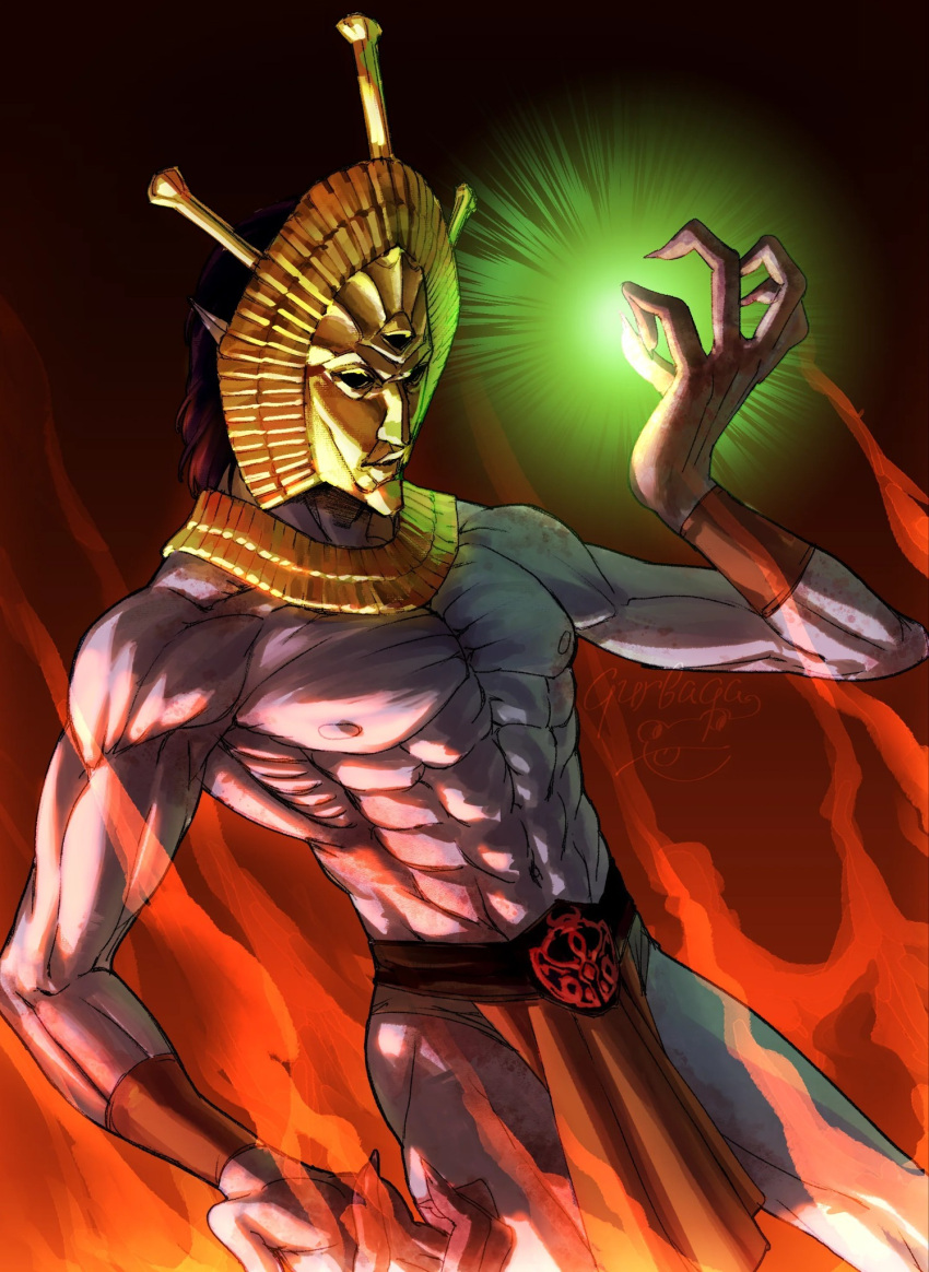 1boy, abs, black_background, black_hair, claws, colored_skin, cowboy_shot, dagoth_ur, dagoth_ur's_mask, dunmer, elf, energy, fire, ghostsandgod, gold_necklace, grey_skin, highres, jewelry, magic, male_focus, mask, necklace, pointy_ears, red_loincloth, signature, the_elder_scrolls, the_elder_scrolls_iii:_morrowind, wristband