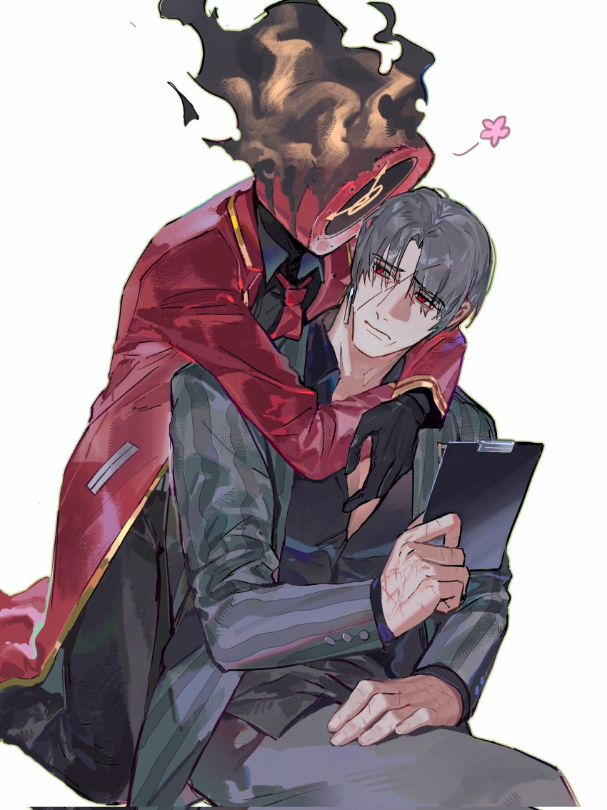 1boy, 1other, black_gloves, black_pants, black_shirt, chinese_commentary, clock, coat