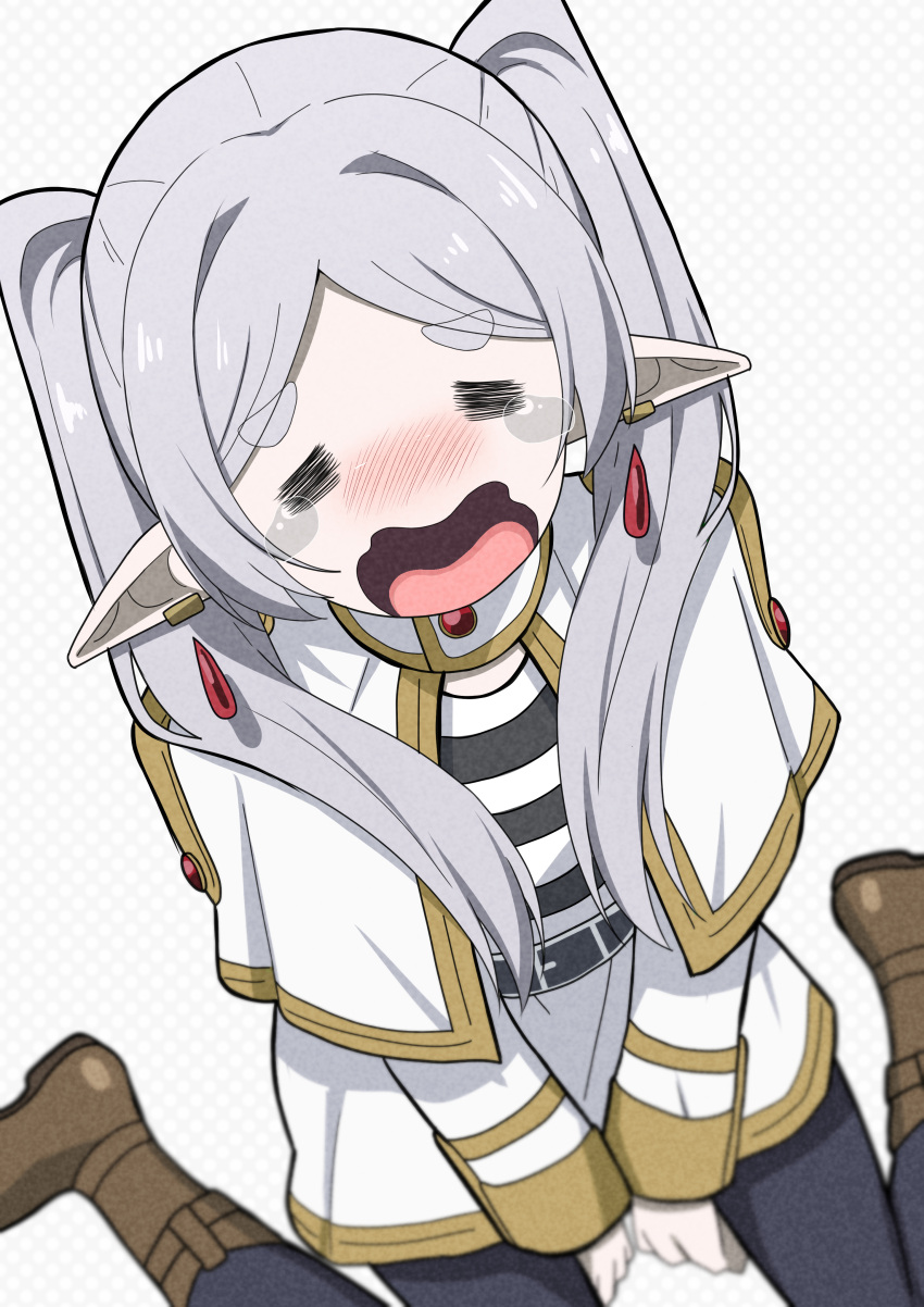 1girl, absurdres, arms_between_legs, black_leggings, boots, brown_boots, capelet, commentary_request