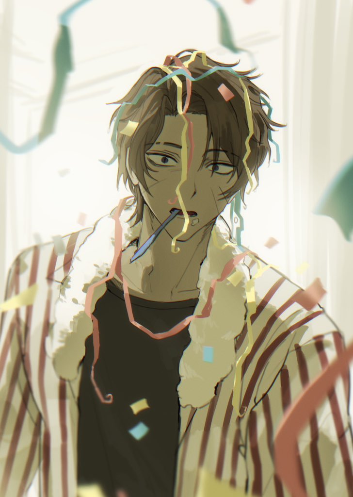 1boy, birthday, black_shirt, bodysack_(e.g.o), brown_hair, chanil_(muexlku), collarbone, commentary_request