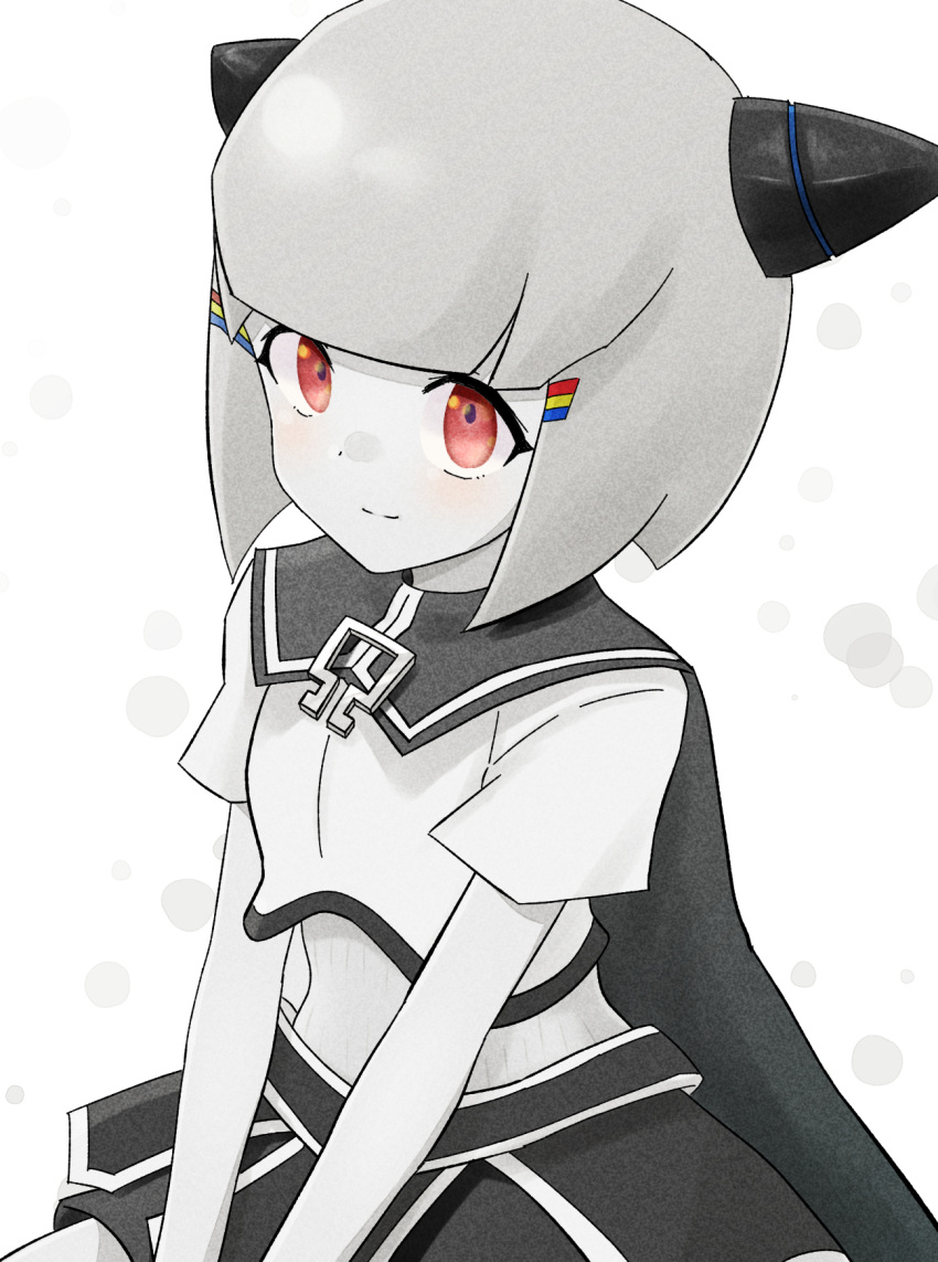 1girl, blunt_bangs, blush, cape, closed_mouth, commentary, cowboy_shot, greyscale