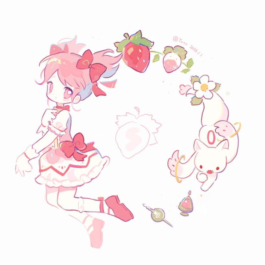 1girl, bow, bow_choker, bubble_skirt, chinese_commentary, choker, commentary_request, creature, dated, dress, flower, food, frilled_socks, frills, fruit, gloves, hand_up, highres, if_happiness_is_a_circle_(meme), kaname_madoka, kaname_madoka_(magical_girl), kyubey, magical_girl, mahou_shoujo_madoka_magica, mahou_shoujo_madoka_magica_(anime), meme, parted_bangs, pink_eyes, pink_hair, puffy_sleeves, red_choker, red_shoes, ribbon, shoes, short_hair, short_sleeves, short_twintails, simple_background, skirt, socks, soul_gem, strawberry, tail, tail_flower, tail_ornament, tuteo, twintails, white_background, white_dress, white_flower, white_gloves, white_socks