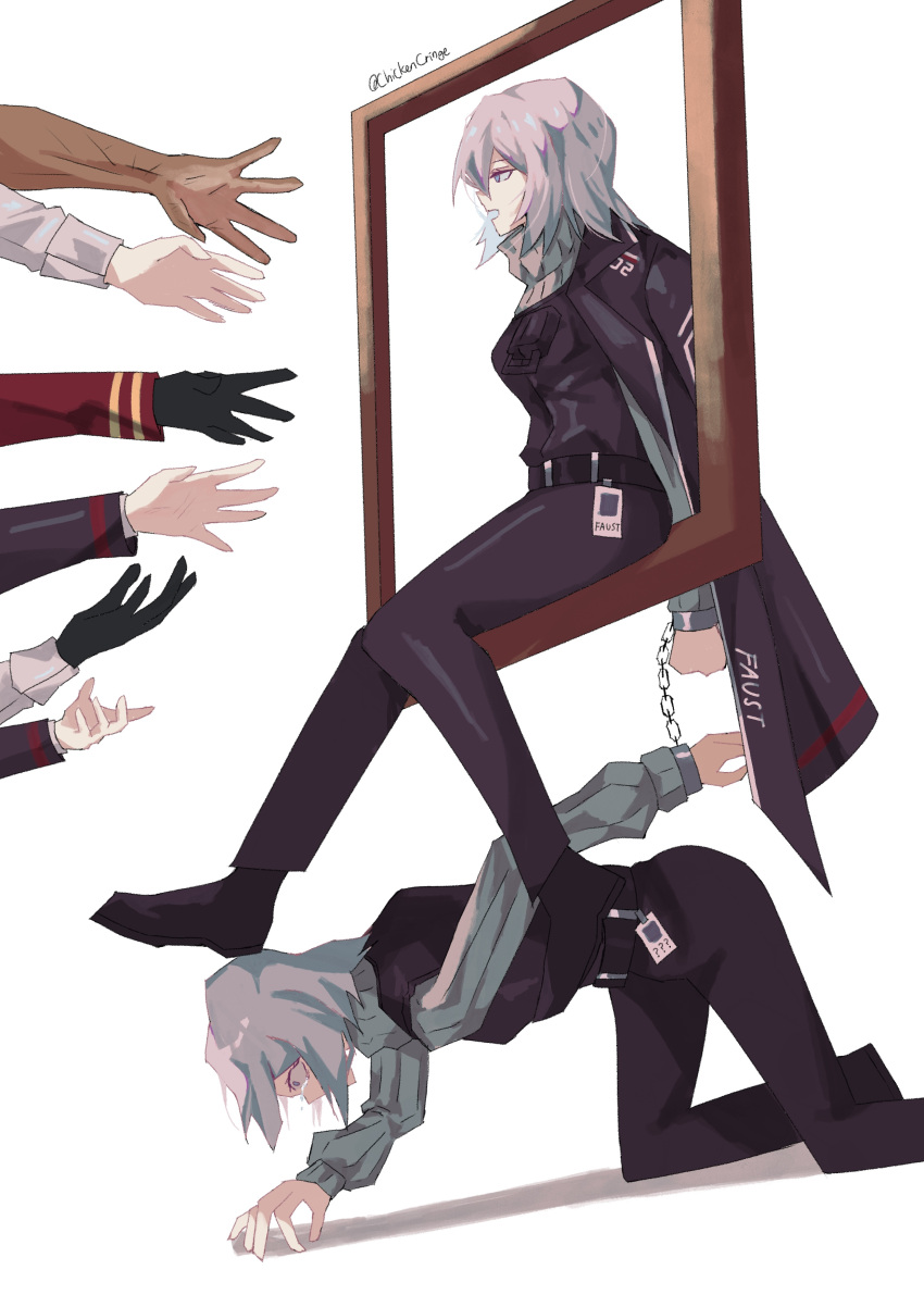 absurdres, all_fours, black_coat, black_gloves, black_pants, black_shoes, chickencringe, coat