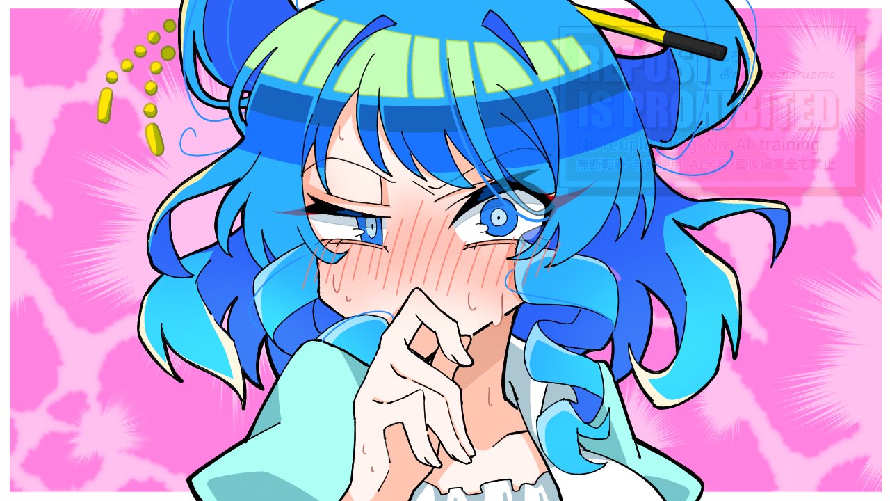 1girl, blue_dress, blue_eyes, blue_hair, blush, commentary_request, dress, embarrassed