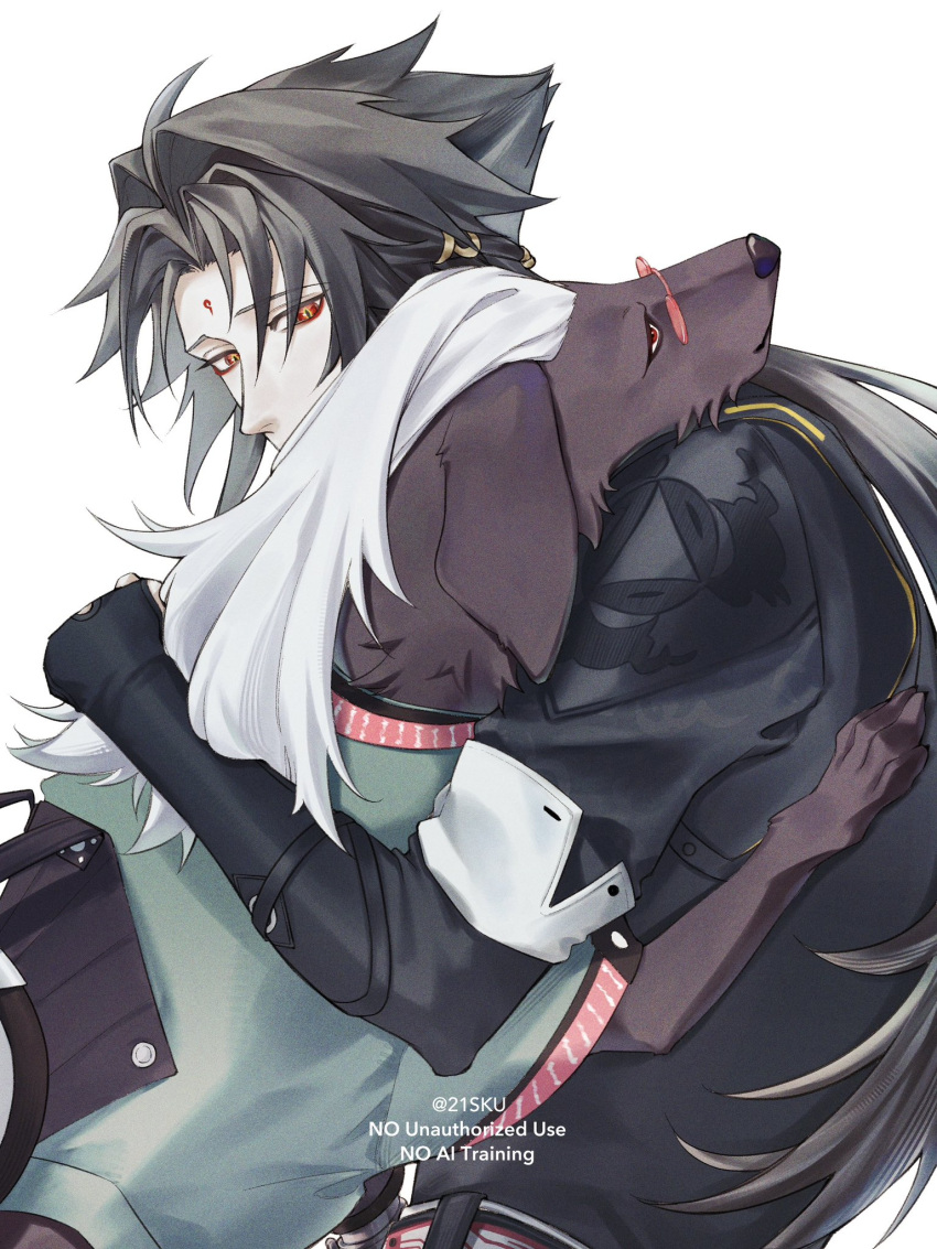 1boy, 21sku, a-shuo_(zenless_zone_zero), black_hair, black_shirt, brown_fur, commentary_request, dog, floppy_ears, green_shirt, highres, hug, looking_at_another, red_eyes, round_eyewear, shirt, white_hair, ye_shiyuan, zenless_zone_zero
