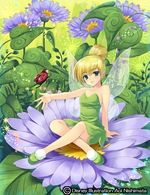 1girl, bare_shoulders, blonde_hair, blue_eyes, blush, disney, dress, earrings