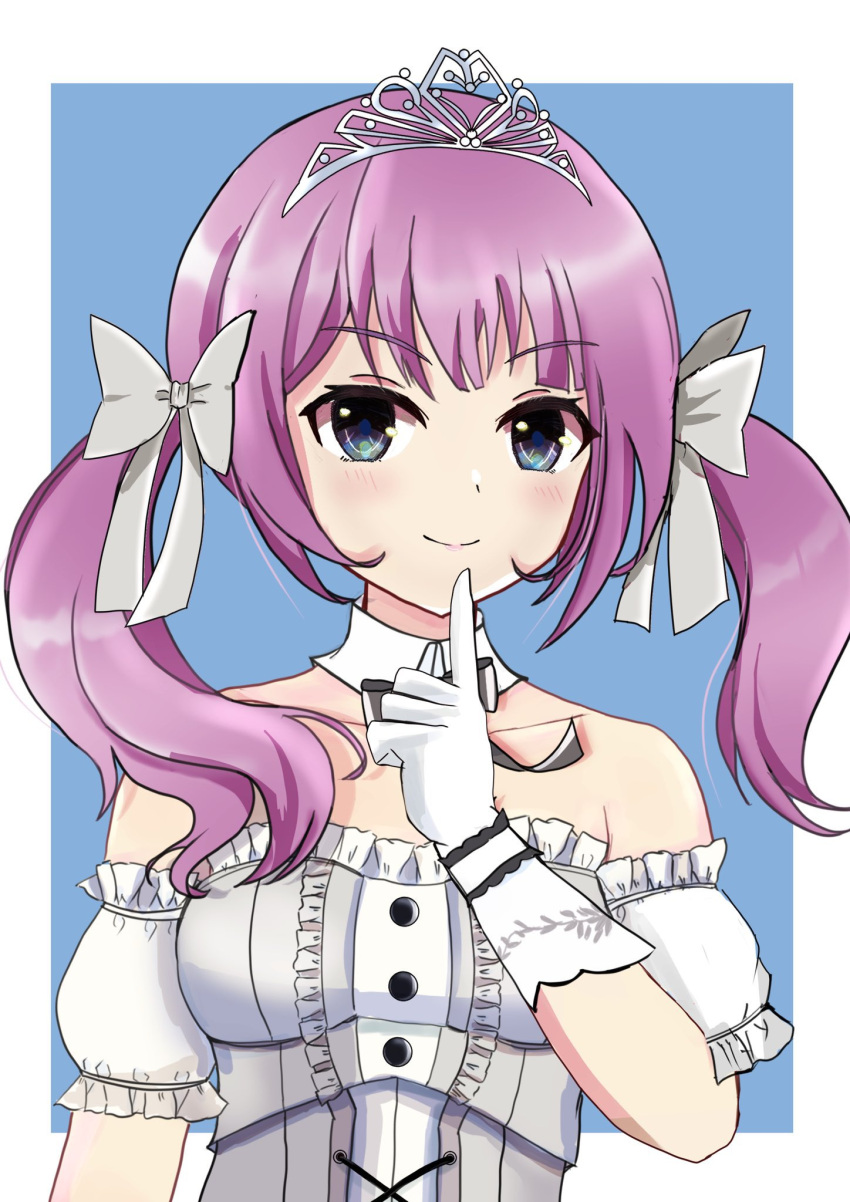 1girl, arm_at_side, assault_lily, bare_shoulders, black_bow, black_bowtie, blue_background, blue_eyes