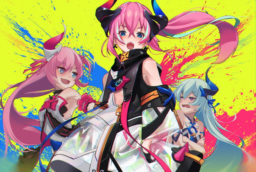 2girls, blue_eyes, blue_hair, commentary_request, delta_(honkai_impact), fang, highres, honkai_(series)