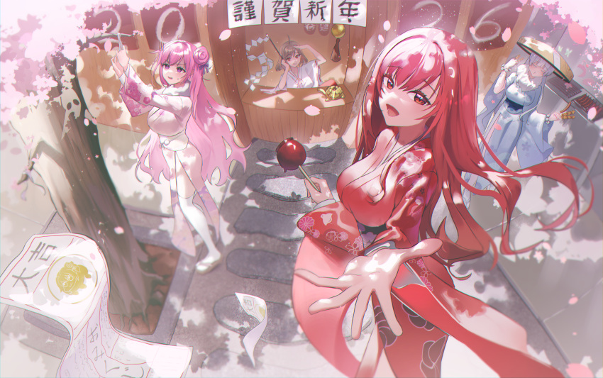 4girls, absurdres, anis_(nikke), brown_hair, candy_apple, closed_eyes, dorothy_(nikke), fingerless_gloves