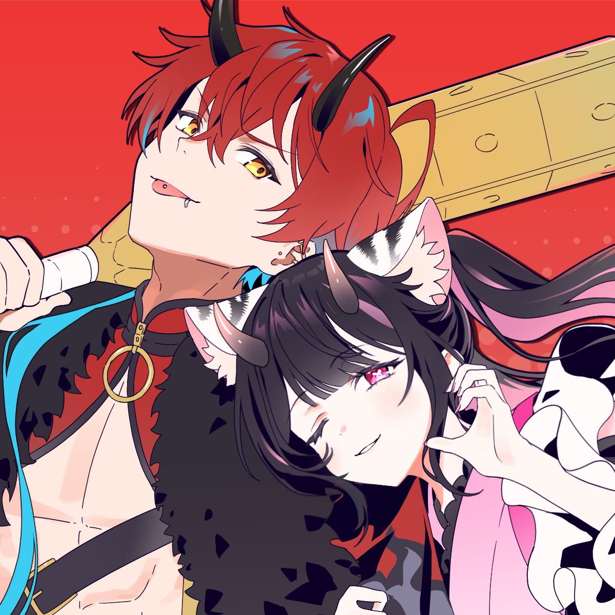 2boys, black_hair, cho_kaguya-hime!, crossdressing, crossdressing_(mtf), dangdidangdi, half-heart_hands, hashtag-only_commentary