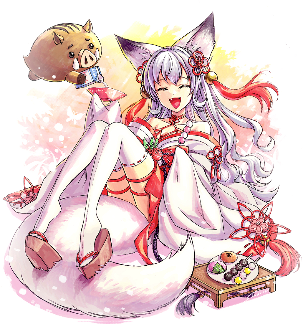 1girl, closed_mouth, commentary_request, destiny_child, fang, food, japanese_clothes, long_hair, mamoru_mikokoro, nontraditional_miko, okobo, open_mouth, pig, platform_sandals, sandals, sitting, smile, tabi, tassel, thigh-highs, warwolf, werewolf, white_hair, white_tail, white_thighhighs, wolf_girl