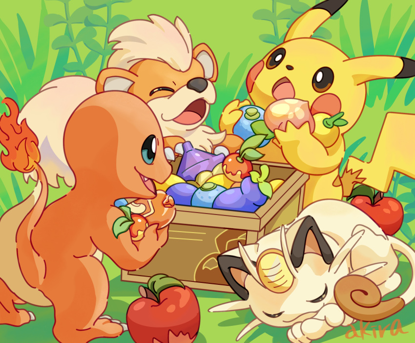 absurdres, akira_(akira_art_poke), apple, berry_(pokemon), blue_eyes, charmander, chesto_berry, closed_eyes