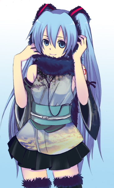 1girl, aqua_hair, earmuffs, hands_on_earmuffs, hands_on_headphones, harano, hatsune_miku, headphones