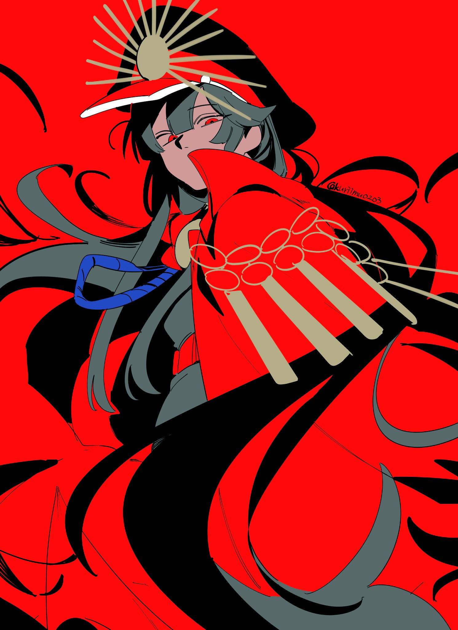 1girl, black_hair, black_hat, black_jacket, cape, collared_cape, commentary, crest