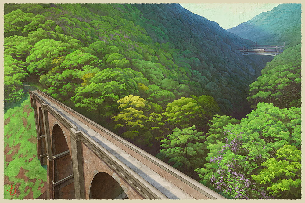border, bridge, brown_border, day, forest, gunma_prefecture, landscape, mountain