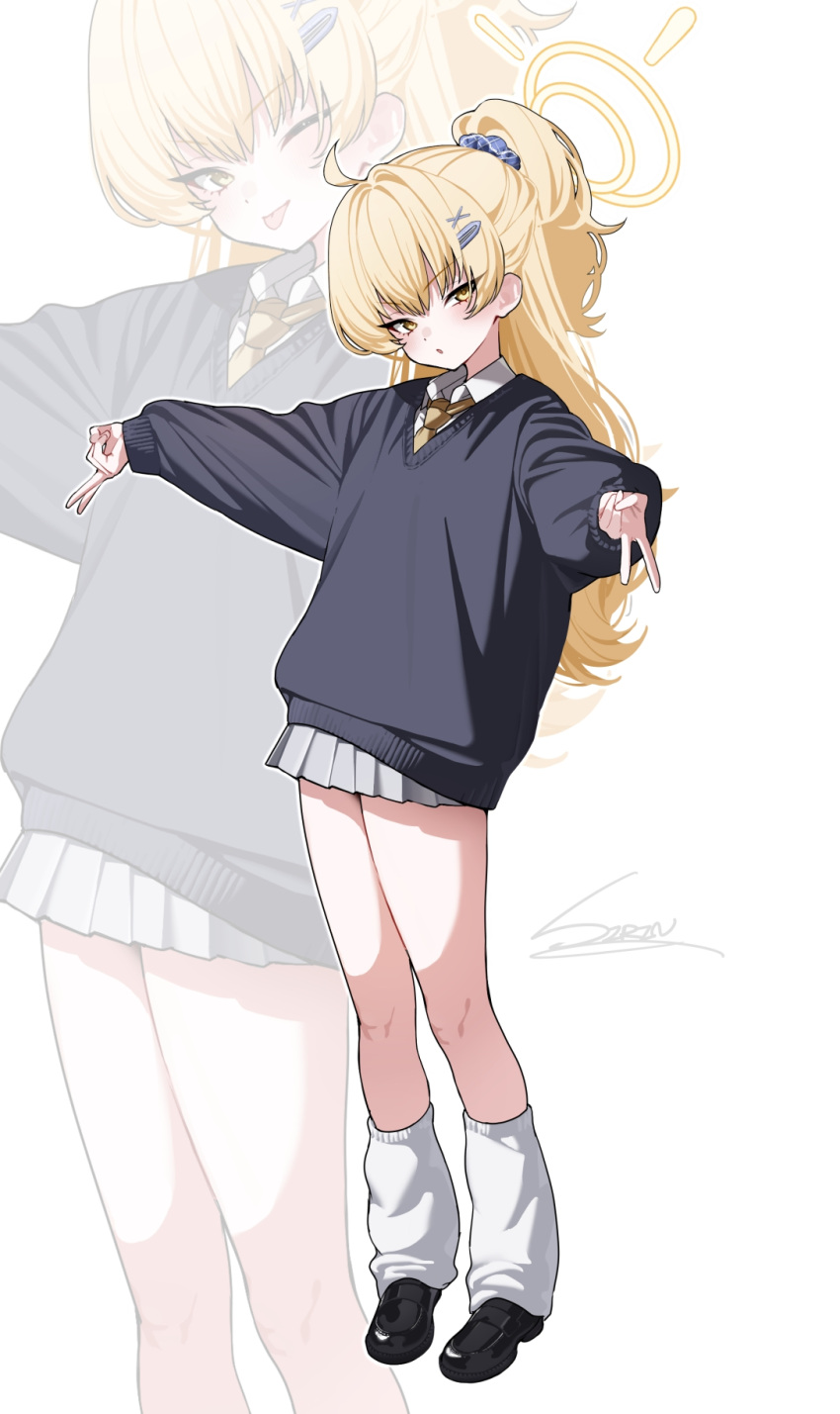 1girl, ahoge, alternate_costume, alternate_hairstyle, black_shoes, black_sweater, blonde_hair, blue_archive
