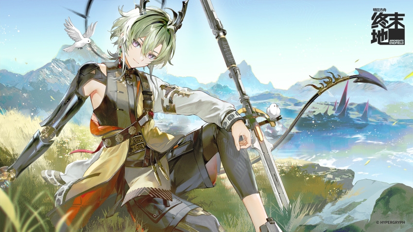 1boy, arknights, arknights:_endfield, armor, armpits, bike_shorts, bird, black_shirt, black_shorts, commentary_request, dove, dragon_boy, dragon_horns, dragon_tail, feet_out_of_frame, grass, green_hair, head_tilt, highres, horns, hou_(ppo), jacket, lifeng_(arknights), long_sleeves, looking_at_viewer, male_focus, mountainous_horizon, off_shoulder, official_art, outdoors, polearm, shirt, shorts, shoulder_armor, sitting, smile, solo, spear, tail, violet_eyes, weapon, white_jacket, yellow_jacket