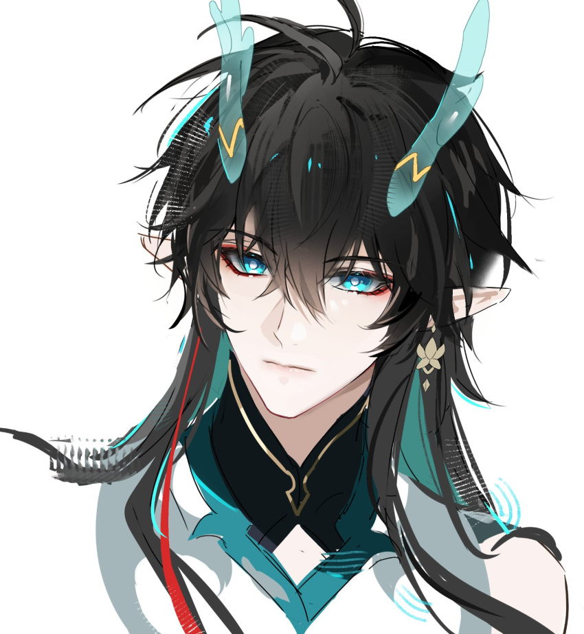 1boy, aqua_eyes, black_hair, black_shirt, blue_horns, closed_mouth, collared_shirt, cropped_shoulders, dan_heng_(honkai:_star_rail), dan_heng_(imbibitor_lunae)_(honkai:_star_rail), dragon_horns, earrings, eastern_dragon_horns, hair_between_eyes, highres, honkai:_star_rail, honkai_(series), horns, jewelry, jiuchuansi, long_hair, long_pointy_ears, male_focus, official_alternate_costume, piercing, pointy_ears, portrait, shirt, simple_background, single_earring, solo, white_background