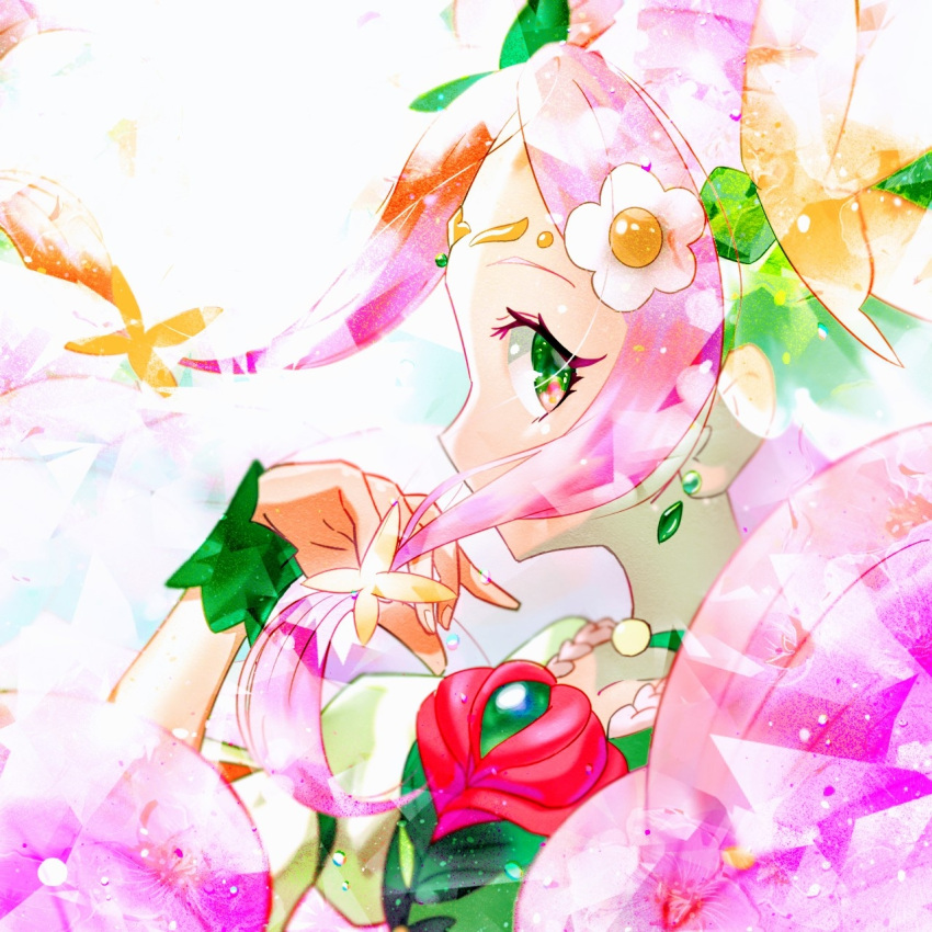 1girl, commentary_request, cure_felice, dress, earrings, flower, green_dress, green_eyes