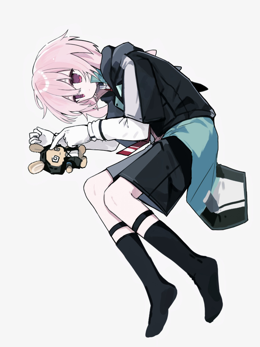 1boy, @_@, absurdres, animal_ears, ansel_(arknights), arknights, baoshi_xiao_niao, black_jacket, black_shorts, black_socks, choshanland_plushy_(arknights), doctor_(arknights), gloves, highres, jacket, kneehighs, lop_rabbit_ears, lying, male_focus, no_shoes, on_side, pink_hair, rabbit_ears, red_eyes, shirt, short_hair, short_sleeves, shorts, socks, solo, stuffed_animal, stuffed_rabbit, stuffed_toy, thigh_strap, white_gloves, white_shirt