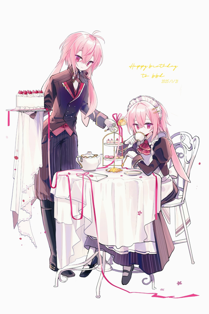 2boys, ahoge, animal_ears, ansel_(arknights), ansel_(nighttime_cafe)_(arknights), apron, arknights, ascot