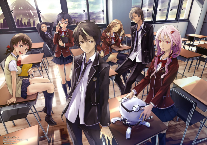 absurdres, book, brown_eyes, brown_hair, classroom, everyone, glasses, guilty_crown, highres, long_hair, multicolored_hair, official_art, orange_eyes, ouma_shu, redjuice, ribbon, robot, school_uniform, thigh-highs, twintails, yuzuriha_inori, zettai_ryouiki