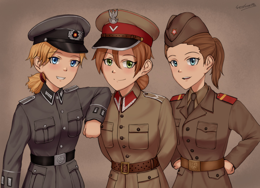 3girls, arm_on_another's_shoulder, arms_behind_back, artist_name, belt, black_belt, blonde_hair, blue_eyes