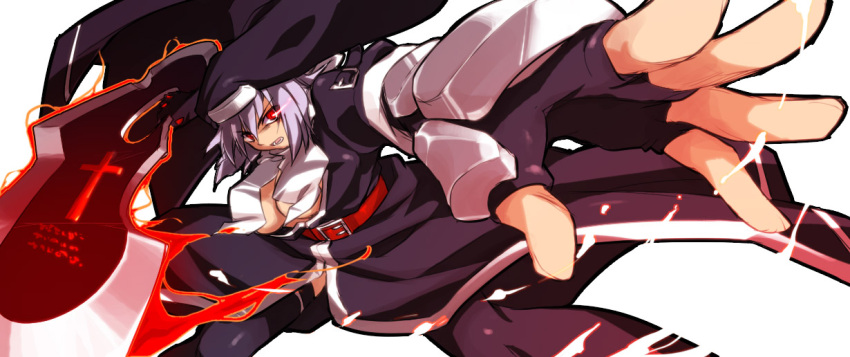belt, blade, breasts, fingerless_gloves, foreshortening, gloves, habit, lavender_hair