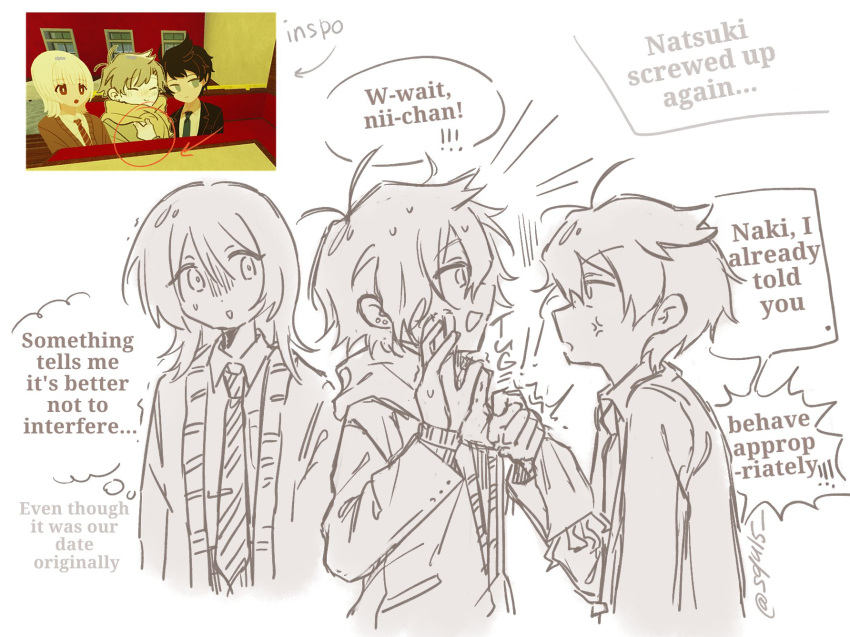 3boys, akinashi_haru, akinashi_natsuki, anger_vein, dress_shirt, ear_piercing, english_text, from_side, game_screenshot_inset, gloom_(expression), highres, implied_yaoi, jacket, male_focus, monochrome, multiple_boys, necktie, nervous_sweating, piercing, profile, roblox, saihate_eki, scarf, scarf_pull, screenshot_inset, shirt, squ15, sweat, tatsunami_shion, upper_body, violence