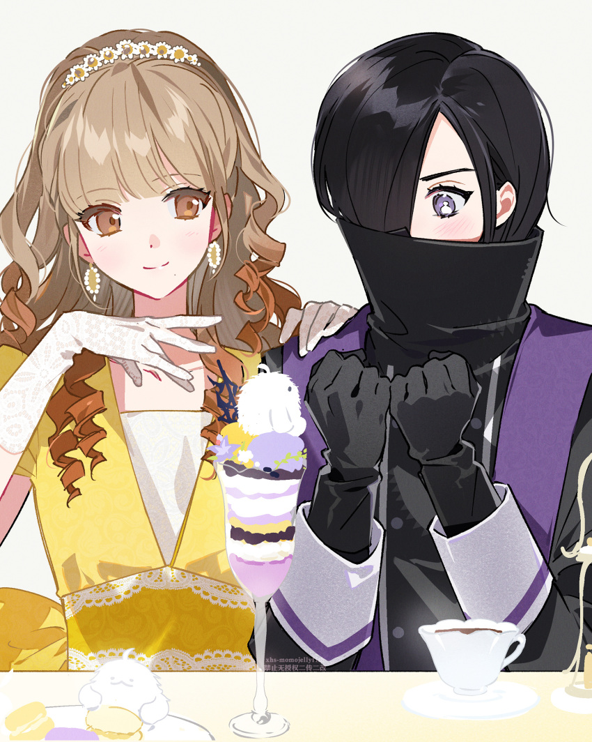 1girl, 1other, animification, artist_name, back_bow, black_gloves, black_hair, black_jacket, blonde_hair, blush, bow, brown_eyes, brown_hair, character-themed_food, chinese_commentary, closed_mouth, commentary_request, covered_mouth, cup, dress, drill_hair, earrings, food, gloves, hair_over_one_eye, hands_up, highres, himeno_ran, jacket, jewelry, kei_(momojellyfish), lace, lace_gloves, long_sleeves, macaron, moffun_(king-ohger), ohsama_sentai_king-ohger, orange_hair, parfait, rita_kanisuka, saucer, short_hair, short_sleeves, simple_background, smile, super_sentai, teacup, tiered_tray, upper_body, violet_eyes, white_background, white_gloves, yellow_bow, yellow_dress