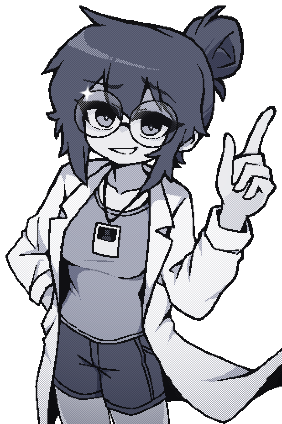 1girl, commission, commissioner_upload, dutch_angle, hair_bun, highres, id_card, lab_coat