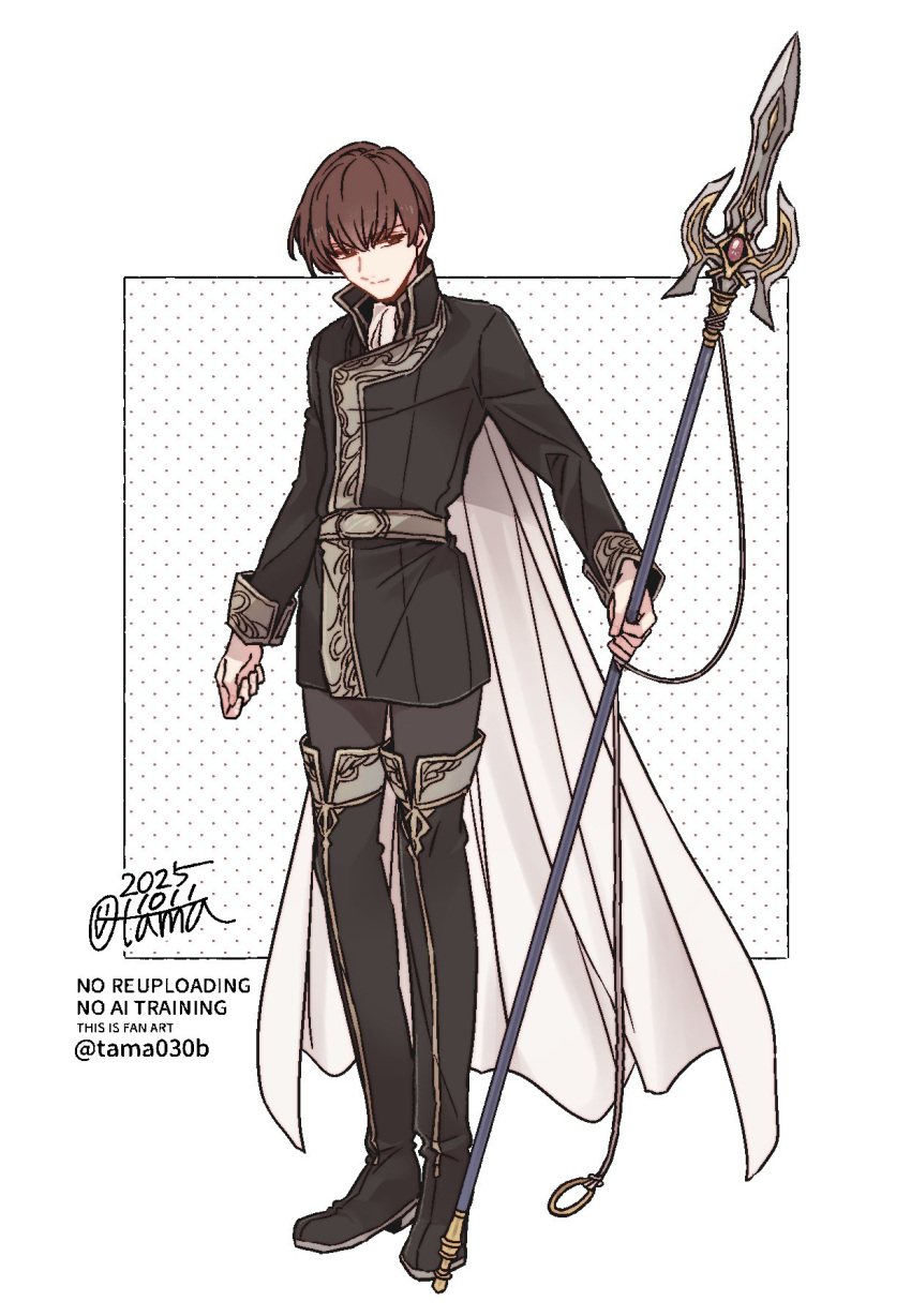 1boy, ben-day_dots, black_boots, black_coat, boots, brown_eyes, brown_hair, cape