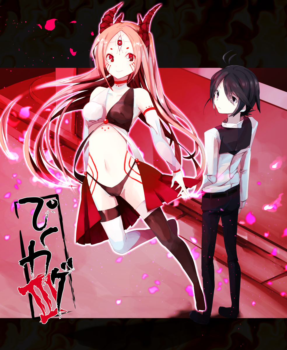 black_eyes, black_hair, choker, detached_sleeves, highres, long_hair, looking_back, mismatched_legwear