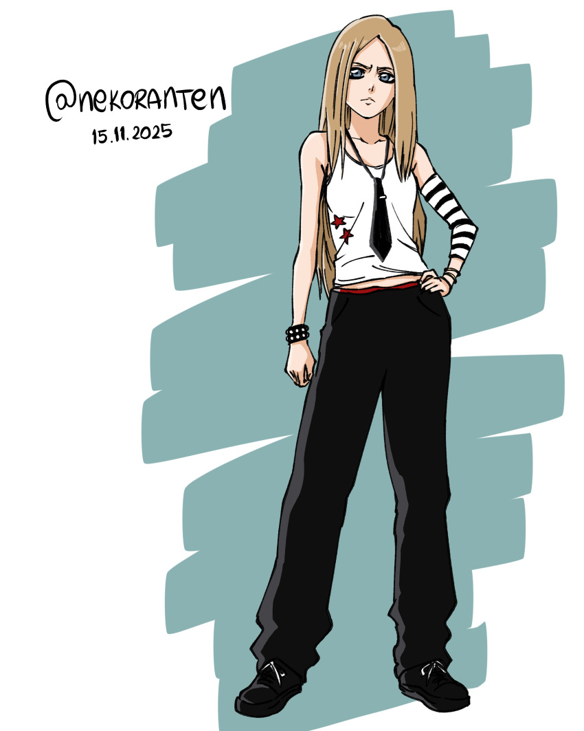 1girl, absurdres, arm_warmers, avril_lavigne, black_pants, black_shoes, blonde_hair, blue_eyes