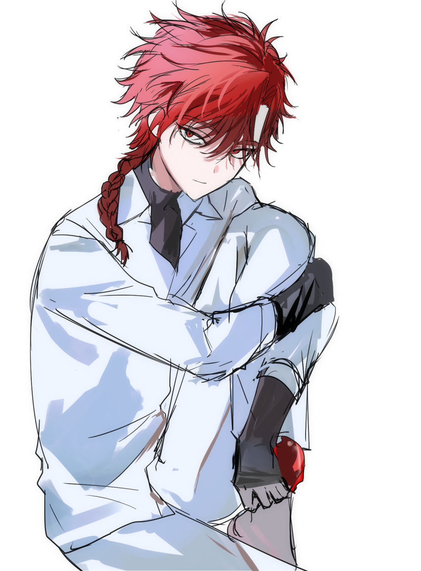 1boy, aged_down, apple, bishounen, black_shirt, braid, braided_ponytail, closed_mouth