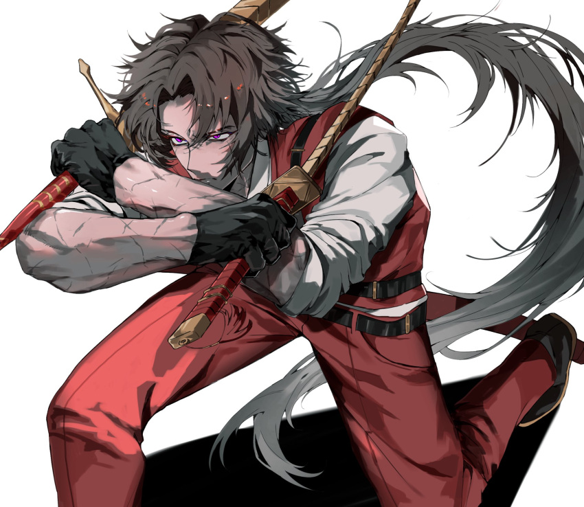 1boy, belt, black_belt, black_gloves, black_shoes, brown_hair, commentary_request, cosplay