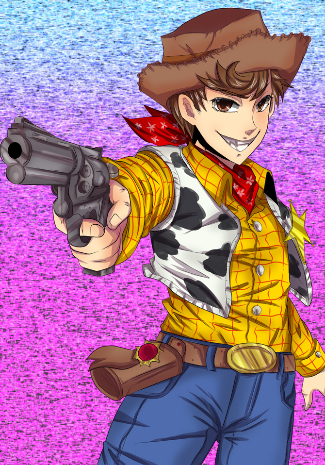 1boy, animal_print, animification, brown_hair, cow_print, cowboy, cowboy_hat, hat