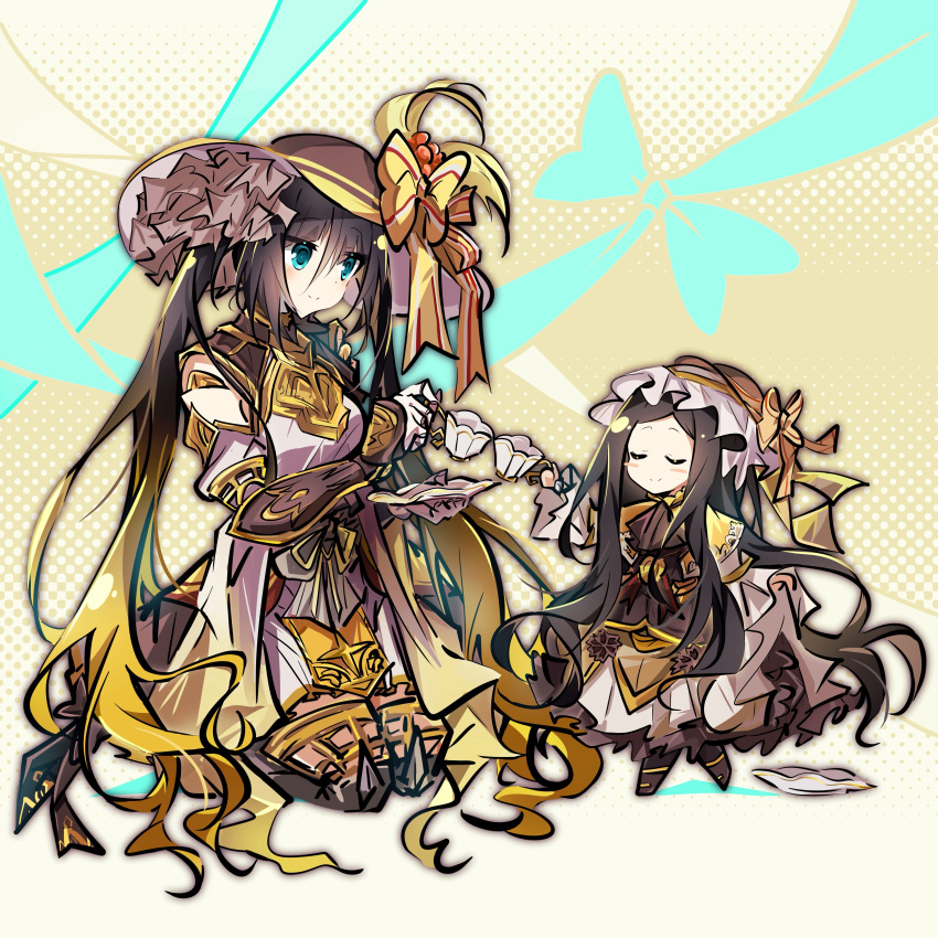 25ocoveryui, 2girls, absurdres, bow, brown_hair, celtic_knot, commentary_request, cup
