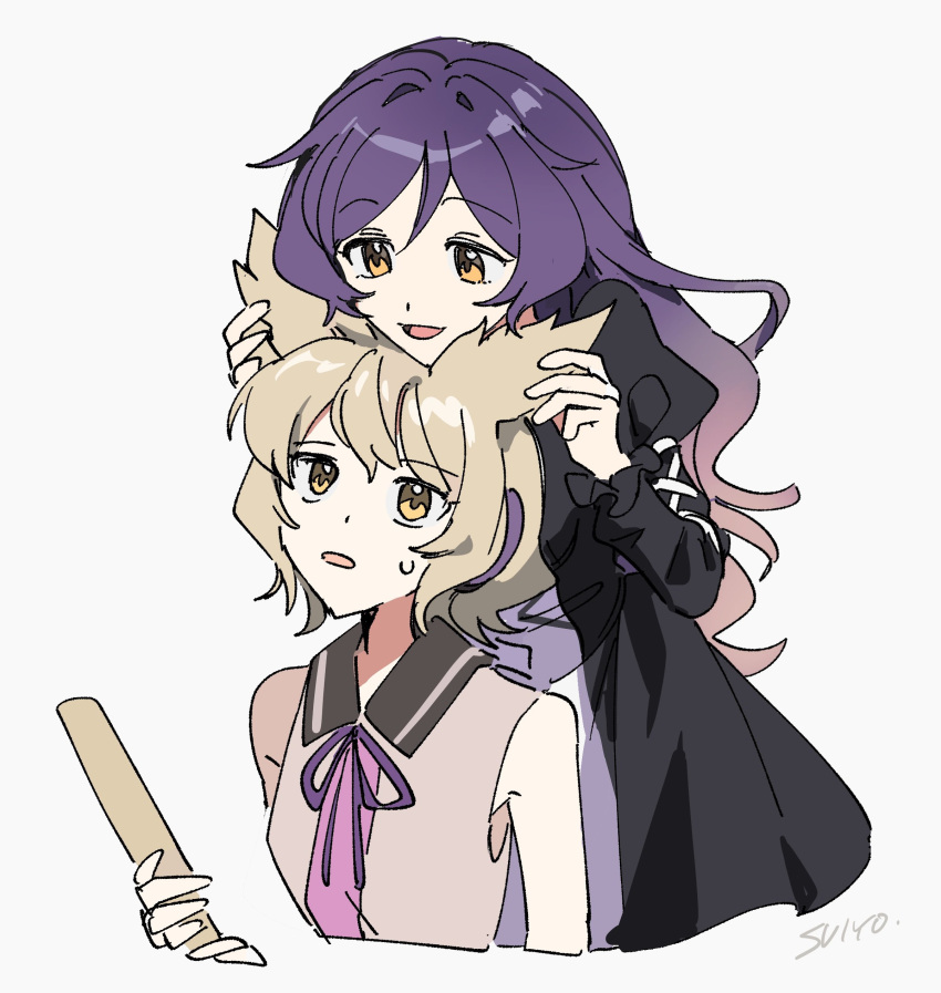 2girls, absurdres, black_dress, blonde_hair, dress, earmuffs, gradient_hair, grey_background