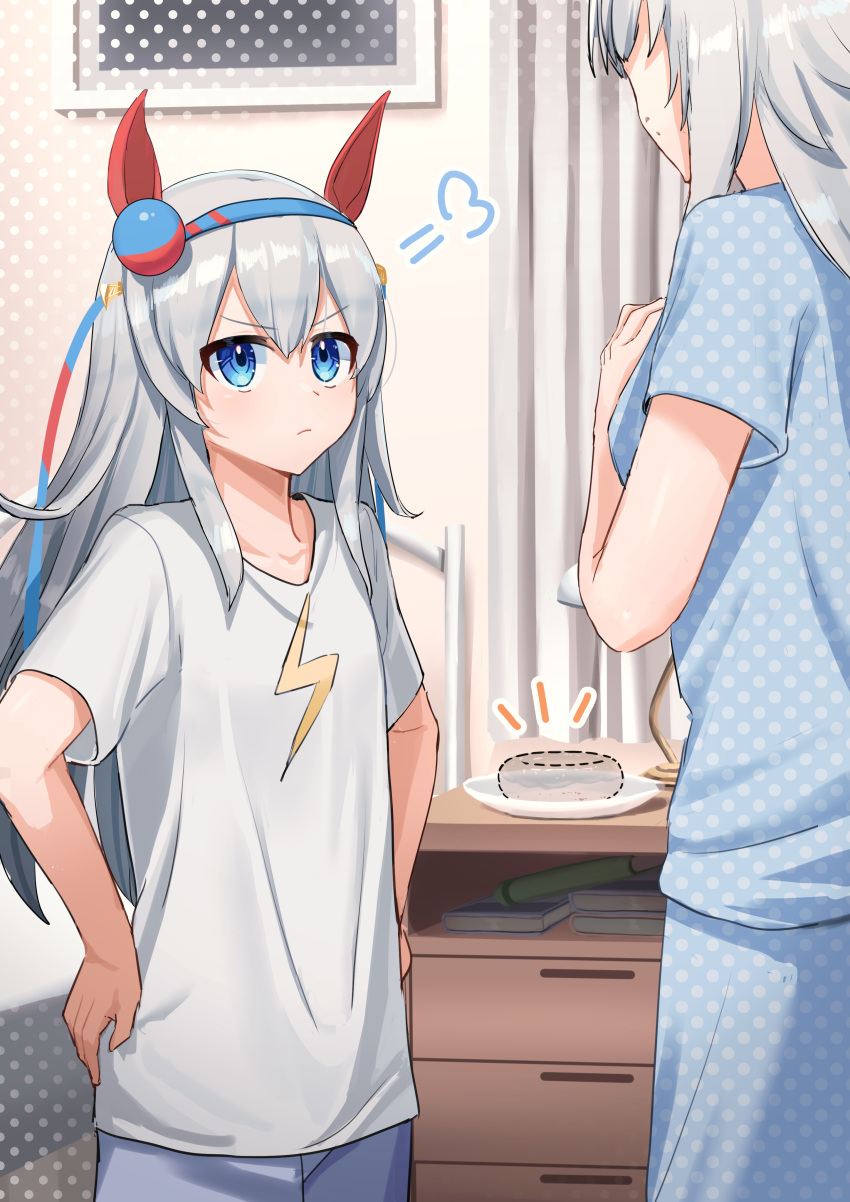 2girls, absurdres, animal_ears, bed, blue_eyes, blue_hairband, blue_pants, blue_shirt