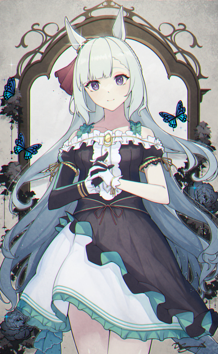 1girl, animal_ears, asymmetrical_gloves, asymmetrical_sleeves, bare_shoulders, black_dress, black_gloves, blue_flower