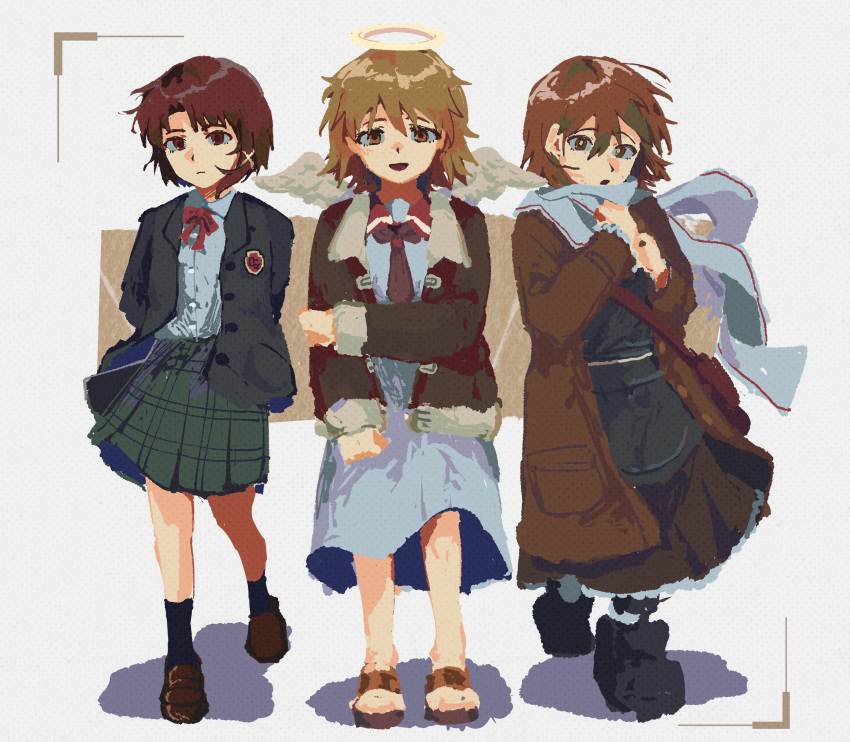 3girls, :d, :o, absurdres, angel, angel_wings, apron, asya_shubina, black_apron, black_jacket, black_socks, blazer, brown_dress, brown_hair, brown_shoes, coat, collared_shirt, commentary, dress, dress_shirt, feathertail0704, green_skirt, haibane_renmei, hair_ornament, halo, highres, iwakura_lain, jacket, looking_at_viewer, medium_dress, miniskirt, multiple_girls, neck_ribbon, necktie, plaid_clothes, plaid_skirt, pleated_skirt, rakka_(haibane_renmei), red_necktie, red_ribbon, ribbon, scarf, school_uniform, serial_experiments_lain, shirt, shoes, short_hair, short_necktie, single_sidelock, skirt, smile, socks, soviet_school_uniform, symbol-only_commentary, white_dress, white_scarf, white_shirt, wings, winter_clothes, winter_coat, x_hair_ornament, z.a.t.o._//_i_love_the_world_and_everything_in_it