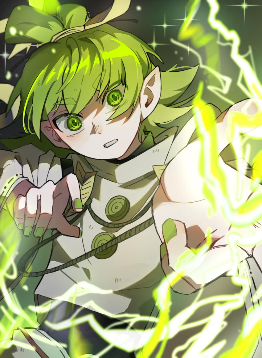 1boy, absurdres, bars_robin, commentary_request, electricity, feathers, genteon, green_eyes, green_hair, green_nails, highres, looking_at_viewer, magic, mairimashita!_iruma-kun, male_focus, pointy_ears