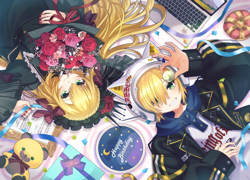 2boys, animal_ear_helmet, animal_helmet, black_dress, black_hairband, black_jacket, blonde_hair, bouquet