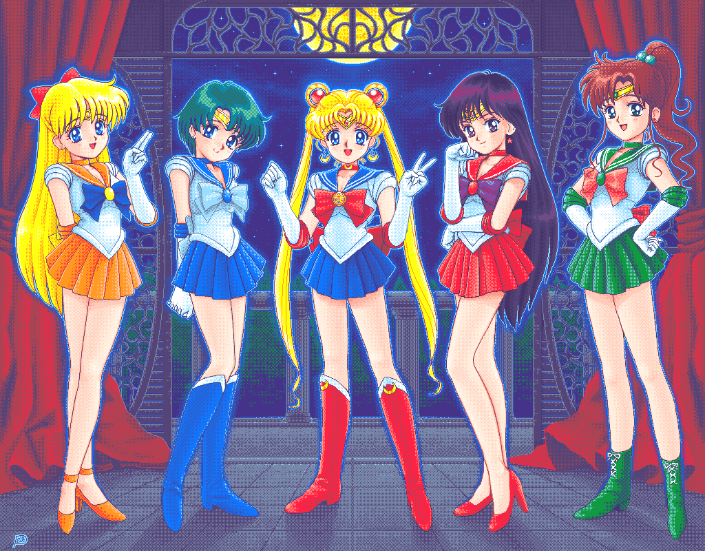 5girls, aino_minako, arms_behind_back, back_bow, bishoujo_senshi_sailor_moon, bishoujo_senshi_sailor_moon_r, black_eyes, black_hair
