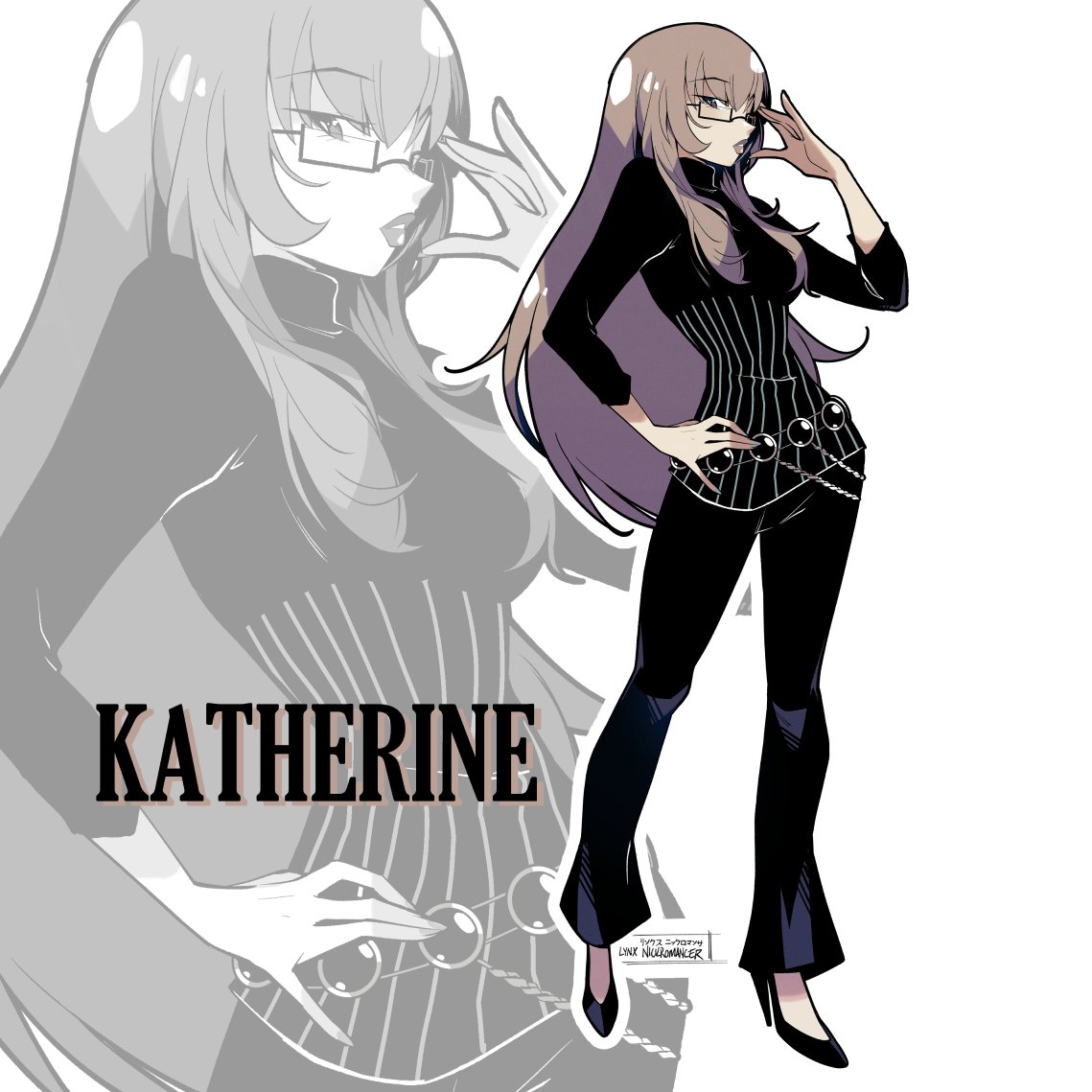 1girl, artist_name, belt, black_pants, black_shirt, black_shoes, brown_eyes, brown_hair, brown_lips, catherine_(game), chain_belt, character_name, cheesecakes_by_lynx, full_body, glasses, hand_on_own_face, hand_on_own_hip, high_heels, katherine_mcbride, long_hair, pants, shirt, shoes, solo, white_background