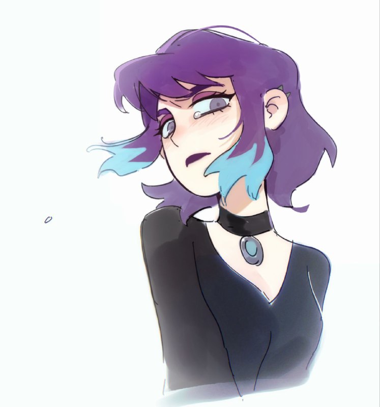 1girl, black_choker, black_shirt, blue_hair, breasts, choker, ear_piercing, elisa_douchnov
